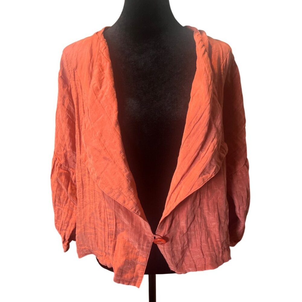 Citron Santa Monica Orange Crinkle‎ Jacket M 65% Linen 35% Silk Open Front